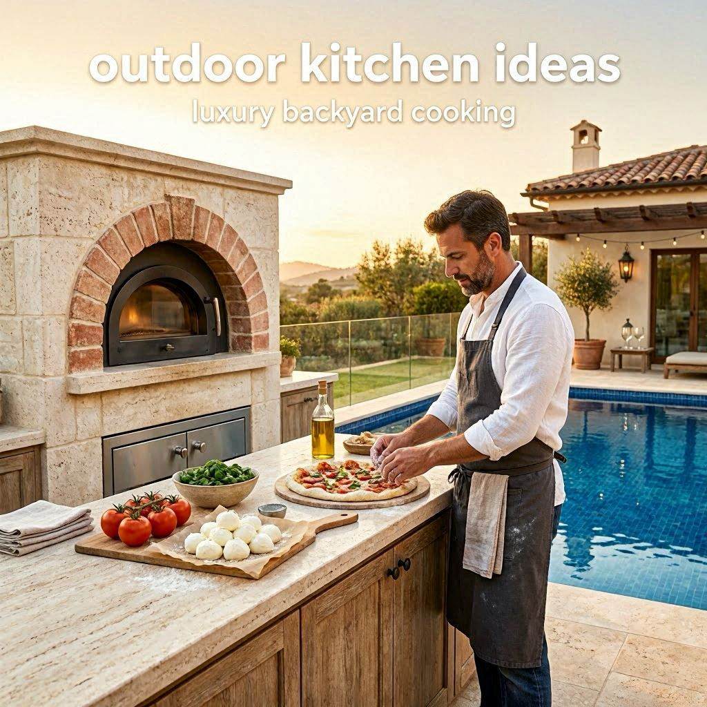 Luxury outdoor kitchen with pizza oven poolside dining area and sunset entertaining atmosphere.