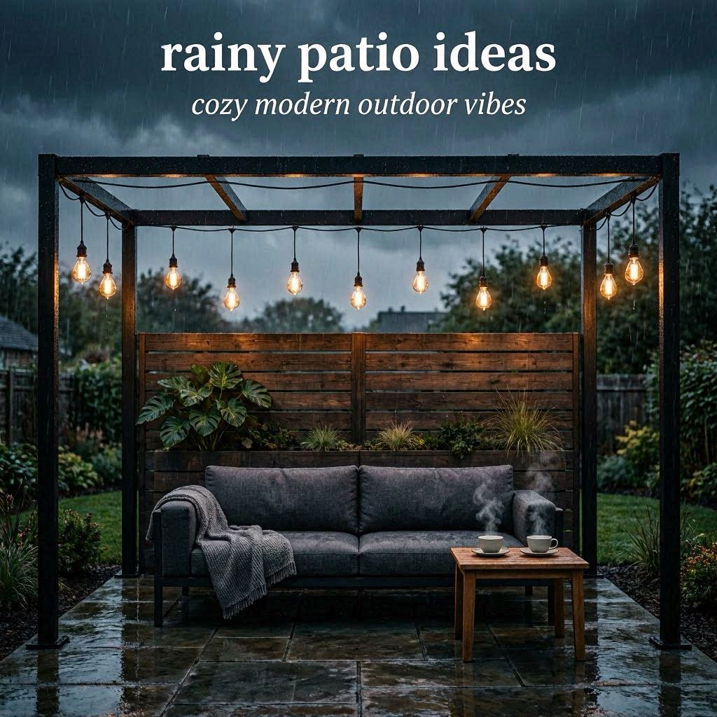 Modern rainy patio with pergola warm Edison lighting and cozy outdoor lounge seating.