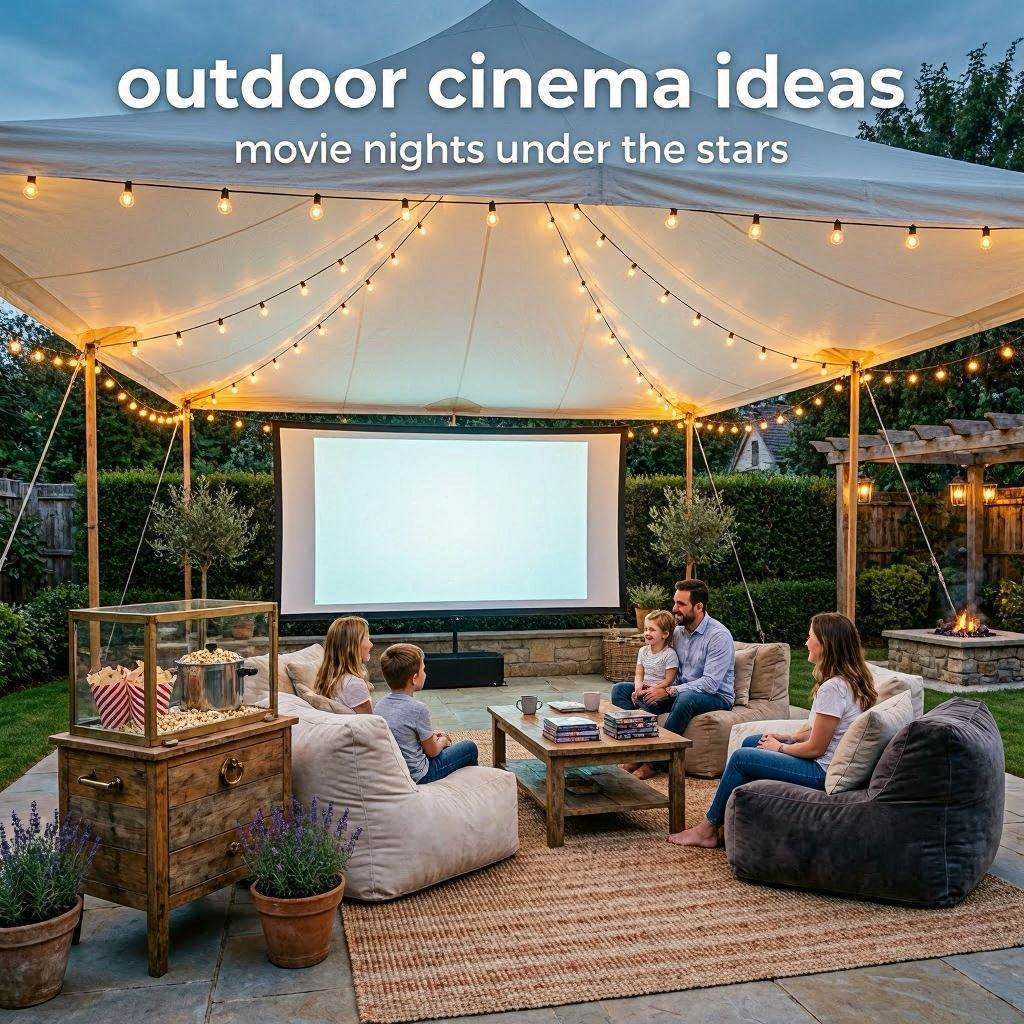 Outdoor cinema setup with cozy seating fairy lights and backyard movie night atmosphere.