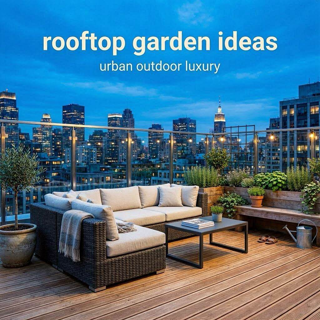 Luxury rooftop garden lounge with city skyline views modern seating and evening lighting.